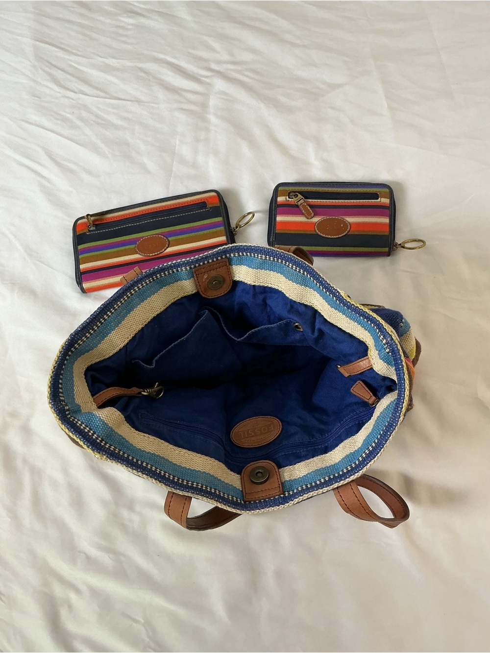 Fossil Colorful Striped Tote & Wallet Set – Canvas + Leather Boho Bundle - Picture 2 of 15